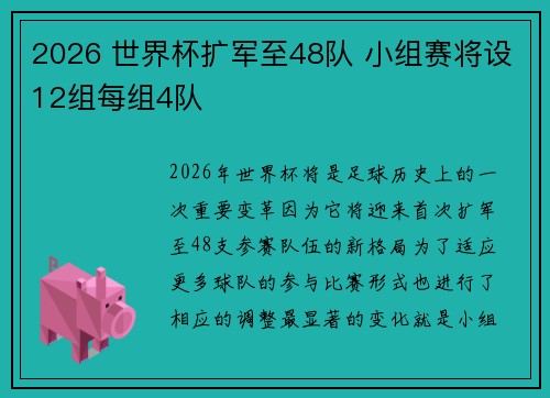 2026 世界杯扩军至48队 小组赛将设12组每组4队